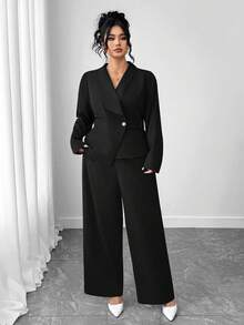 Elenzga Bộ vest vest nữ thanh lịch cổ chữ V tay dài cài nút thắt lưng và quần ống rộng ống đứng - màu đen - Xem 5