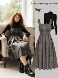 Sweetra Plus Size Women's French Elegant Plaid Pinafore Dress, Suitable For Daily Outings, Can Be Worn As A Layering Piece With Tops, Classic Minimalist Fashion Flattering