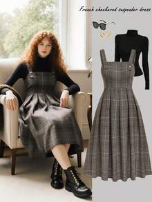Lyrianda 加大码女式法式优雅格子背带裙，适合日常外出，可作为上衣分层穿着，经典简约时尚，令人赏心悦目