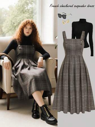 Sweetra Plus Size Women's French Elegant Plaid Pinafore Dress, Suitable For Daily Outings, Can Be Worn As A Layering Piece With Tops, Classic Minimalist Fashion Flattering