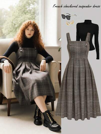 Lyrianda 加大码女式法式优雅格子背带裙，适合日常外出，可作为上衣分层穿着，经典简约时尚，令人赏心悦目