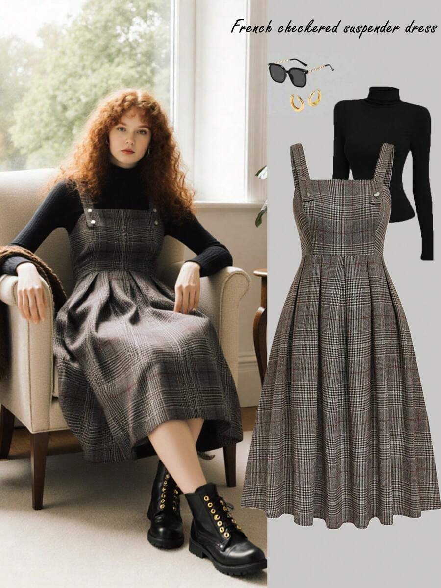 Lyrianda 加大码女式法式优雅格子背带裙，适合日常外出，可作为上衣分层穿着，经典简约时尚，令人赏心悦目