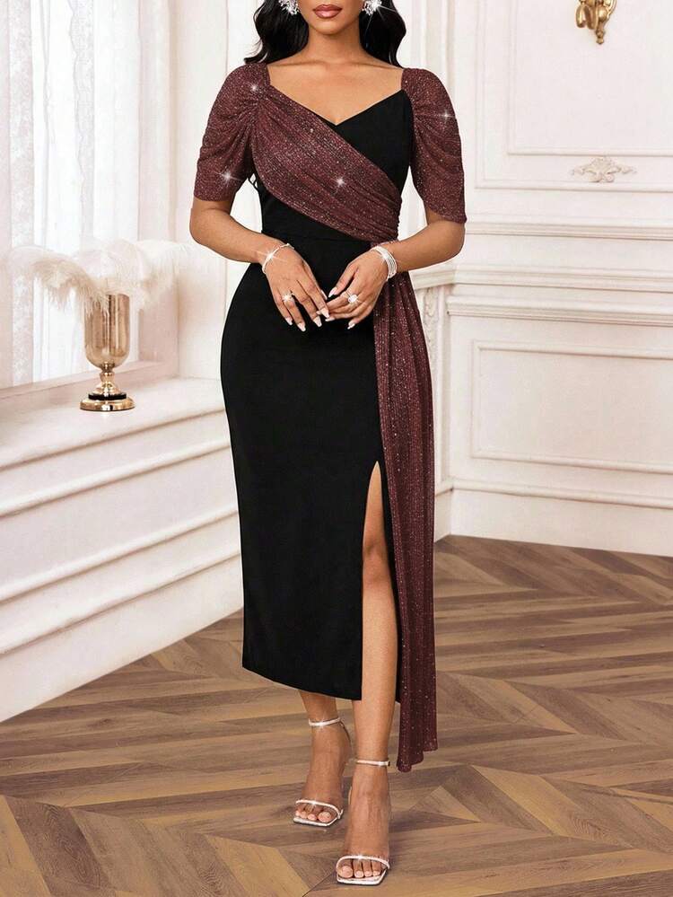 SHEIN Lady Đầm ôm thanh lịch cổ tim đính sequin màu tương phản dành cho nữ, thiết kế viền xẻ tà bên hông - Nhiều màu - Xem 5