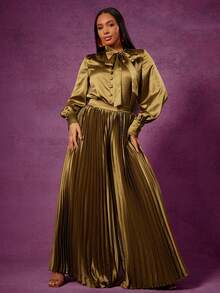 Vixey 高腰超阔腿缎面褶皱裤 - 橄欖綠 - 查看 3