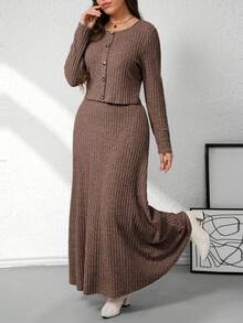 EMERY ROSE Women's Plus Size Ribbed Knit Open Front Round Neck Long Sleeve Cropped Top With Fitted A-Line Maxi Skirt 2 Pieces Set, Elegant Casual Outfit