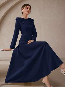 Modelyn Robe longue élégante de couleur unie avec fleurs 3D, automne - Bleu marine - Voir 8