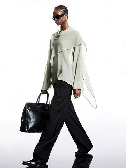 LYSMO 女士优雅通勤纯色不对称衬衫