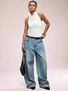 SHEIN BAE Women's Casual Solid Color Halter Backless Tank Top