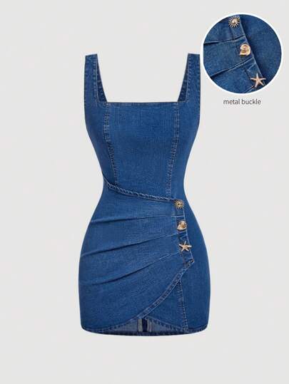 SHEIN MOD Vestido de mezclilla sin mangas con cuello cuadrado plisado, bajo asimétrico, unicolor para mujer