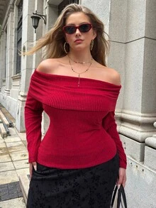 SHEIN EZwear 大码休闲通勤约会T恤，适合秋季/冬季、圣诞节、新年、感恩节、派对、婚礼、海滩、毕业典礼等场合，时尚优雅，休闲百搭，适合外出、约会、预约、通勤等各种场合，保暖舒适，情人节适用。 - 紅色 - 查看 3