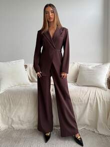 Aloruh Conjunto de chándal informal de mujer con sudadera de cuello de solapa de manga larga y pantalones de pierna ancha de unicolor - Café integral - Ver 7