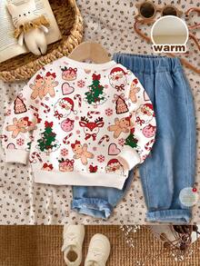 SHEIN 可爱的圣诞老人、姜饼人、驯鹿、圣诞树、拐杖糖、爱心、雪花印花宽松舒适加厚圆领套头卫衣，适合女婴穿着，休闲舒适，秋冬季节皆宜。 - 彩色 - 查看 2