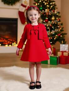 SHEIN Glamorique Kids 圣诞节女婴公主裙、派对装、圣诞老人裙、新年裙、长袖夹克、红色羊毛面料、蝴蝶结装饰、A字裙、舞台表演、中东连衣裙、秋冬新品 - 紅色 - 查看 1