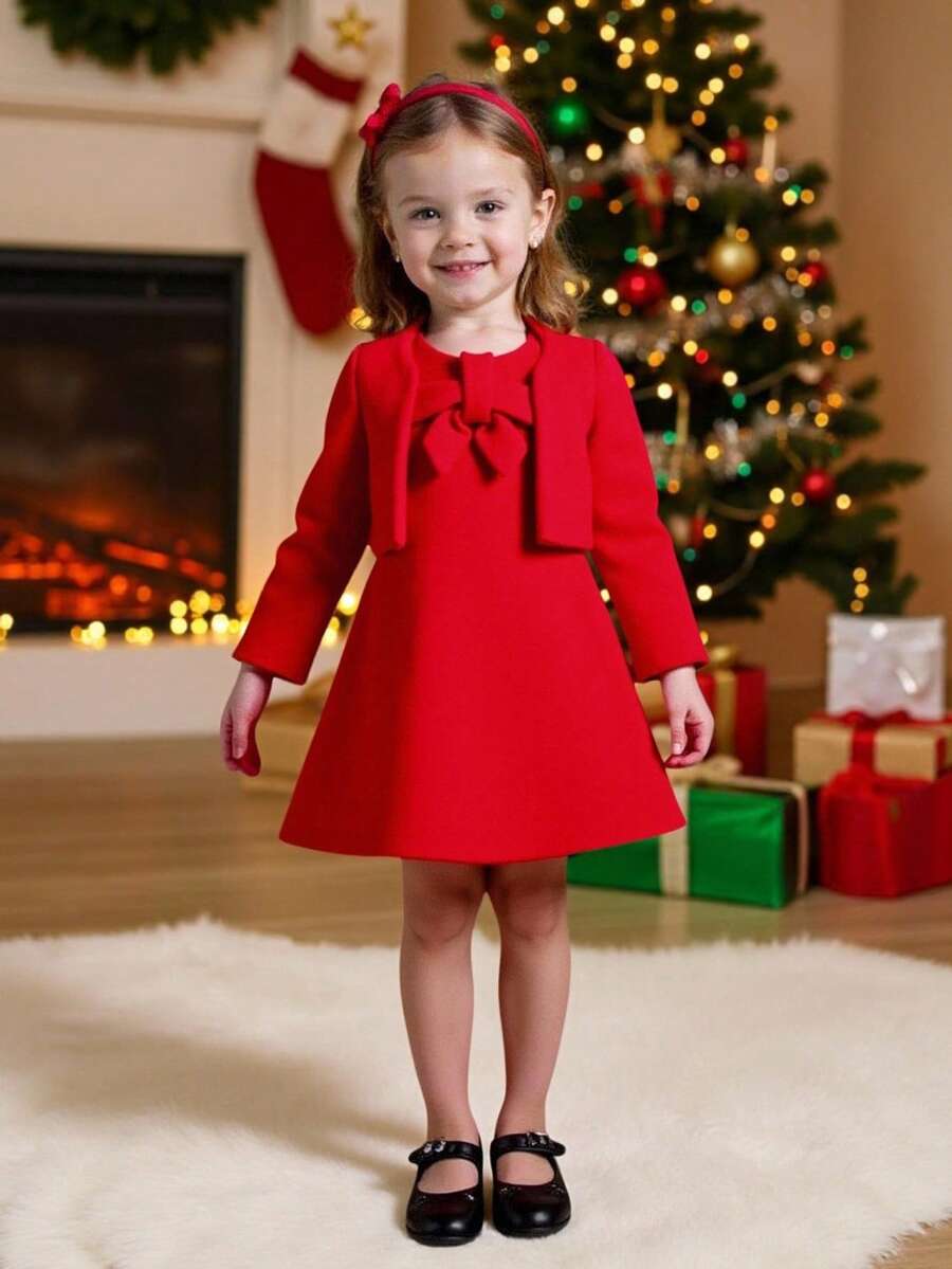 SHEIN Glamorique Kids 圣诞节女婴公主裙、派对装、圣诞老人裙、新年裙、长袖夹克、红色羊毛面料、蝴蝶结装饰、A字裙、舞台表演、中东连衣裙、秋冬新品 - 紅色 - 查看 1