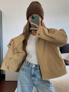 DAZY 小众设计实用夹克开衫短外套，女士常规夹克 - 卡其色 - 查看 4