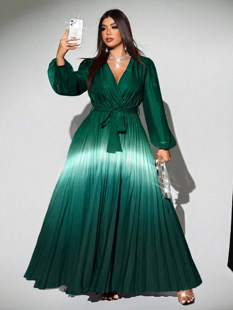 Viva Relle Đầm dự tiệc xếp ly cổ chéo ombre thanh lịch cỡ lớn cho nữ tay lỡ thắt nơ thắt lưng thắt nơ đa năng - Nhiều màu - Xem 1