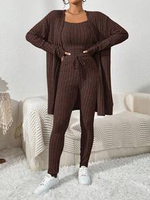 SHEIN Essnce Bộ 3 món dành cho nữ: Áo hai dây dệt kim, Quần cạp rút và Áo khoác, Trang phục đi làm hàng ngày thoải mái, Xuân/Thu - Cà phê nâu - Xem 3