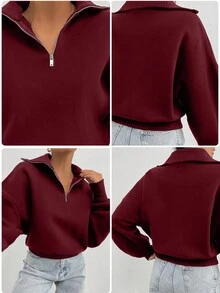 EURMUSE Sudadera oversize de 100% algodón con cuello con cremallera y estampado - Burdeos - Ver 7
