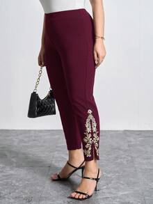 SHEIN Clasi 大码女式休闲度假风花卉刺绣高腰紧身裤 - 紫色 - 查看 4