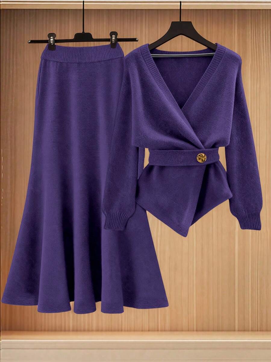 GlowEve New Elegant Button Decor Pullover Sweater, Minimalist European & American Style Fashion Knit Top - Purple - View 1