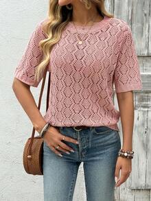 EMERY ROSE New Style Women Lace Collar Hollow Out Loose Fit Casual Blouse - Dusty Pink - View 6