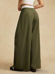 Easelle Casual Vintage Women's High Waist Pleated Wide Leg Loose Casual Pants Color Blocking Double Waistband Design Green  Bohemia Bohe Chic  Summer - Army Green - View 2