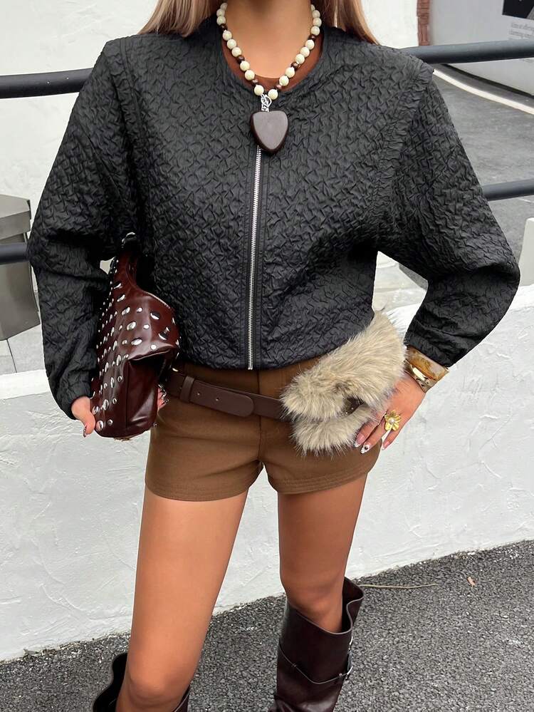 Women's Solid Color Embossed Zipper Elegant Fashion Long Sleeve Jacket Y2k