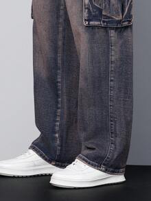 Manfinity Hypemode 男士休闲水洗翻盖口袋直筒牛仔裤，秋季款 - 彩色 - 查看 7