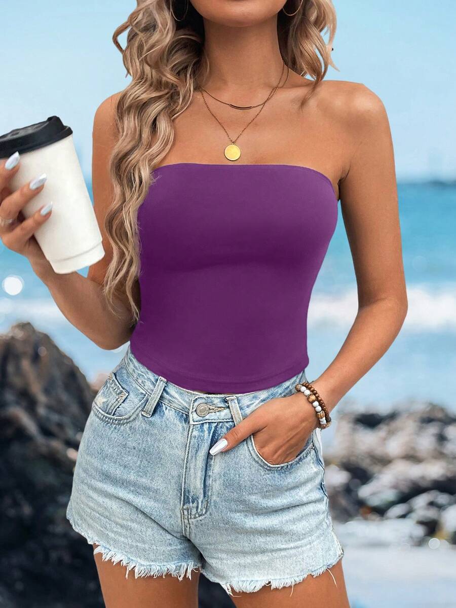 Sylviya Women's Solid Color Versatile Tight Fitting Crop Top, Suitable For Summer - Violet Purple - View 1