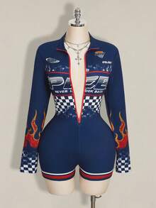 SHEIN ICON 加大码 Y2K 外出运动风格摩托车印花长袖连体裤 - 藏蓝色 - 查看 3