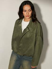 Aveloria Modichic Áo khoác biker nữ dáng rộng, thường ngày, ve áo bằng da lộn, viền xếp nếp - xanh quân đội - Xem 6