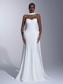 Elitara 优雅奢华的白色缎面雪纺不对称领口鱼尾裙，配可拆卸披肩，适合正式场合和婚礼。 - 白色 - 查看 6