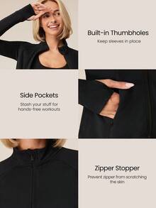 FeatherFit™-Slim-It Warm It's Chilly 羊毛衬里修身夹克 带拇指孔 秋冬瑜伽日常休闲 - 黑色 - 查看 3