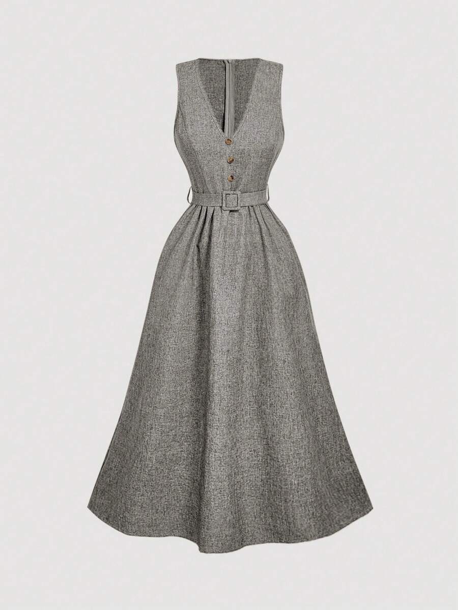 SHEIN MOD Women's Fashionable Elegant V-Neck Sleeveless Dress - Grey - View 1