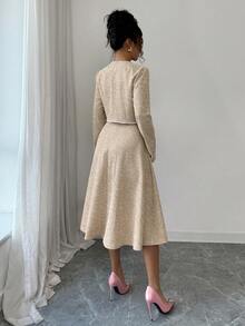 Elenzga 女士初秋约会之夜套装，适合返校、教师装扮、中东风情、成熟优雅、OL通勤、商务休闲、办公室穿着，兼具法式时尚、甜美、韩式风格，饰有串珠工艺，收腰A字连衣裙搭配短款外套两件套，中长款连衣裙，粉色 - 杏色 - 查看 2