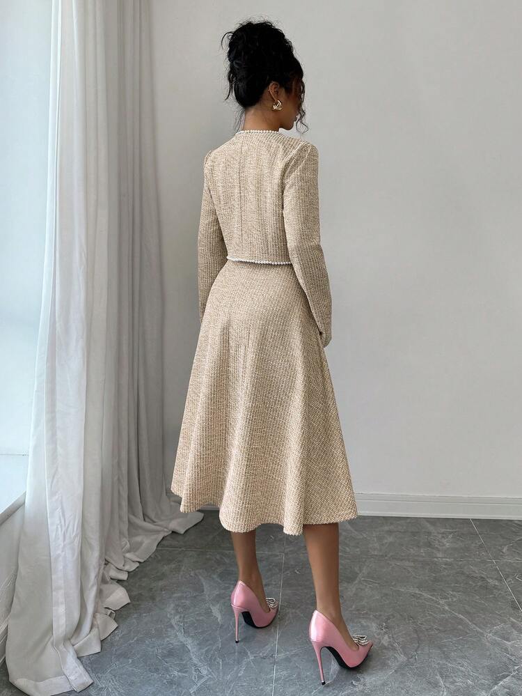 Elenzga Strój na randkę wczesną jesienią dla kobiet, odpowiedni na powrót do szkoły, strój nauczycielski, styl , dojrzała elegancja, dojazdy do pracy, swobodny styl biznesowy, biuro, francuski szyk, słodki, koreański styl, koralikowe rzemiosło, sukienka w kształcie litery A z pasem w talii i krótka marynarka, 2-częściowy komplet, sukienka średniej długości, różowy - Morela - Zobacz 2