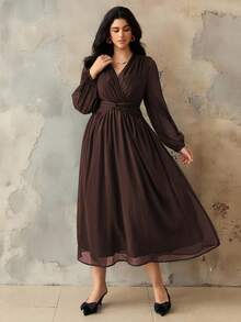 Roveilla 大码女士优雅复古中东风雪纺连衣裙，褶皱面料，收腰设计，A字廓形，灯笼袖，长袖，适合下午茶、派对、春秋冬三季穿着。 - 巧克力棕 - 查看 3