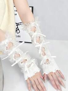 ROMWE Kawaii 镂空网纱长袖套，饰有蝴蝶结和荷叶边，个性化派对手套 - 白色 - 查看 3