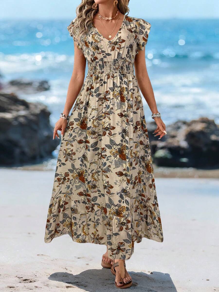 Sylviya 休闲女式褶皱荷叶边盖袖抽绳腰部荷叶边下摆 A 字长裙，印花度假连衣裙 - 卡其色 - 查看 1