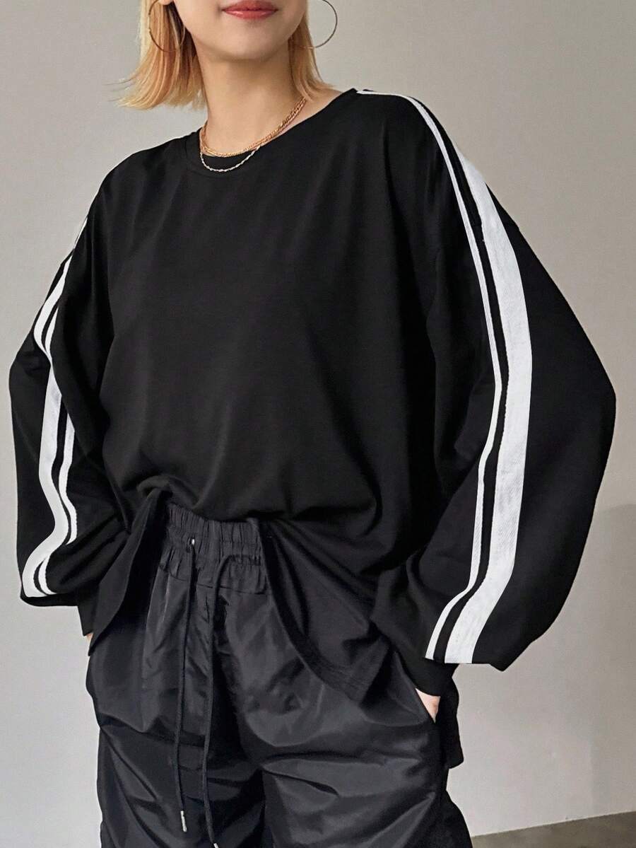 FRIFUL Women's Casual Round Neck Colorblock Long Sleeve Loose T-Shirt, Spring Autumn,Fall Women Clothes - Black - View 1