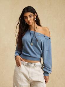 Easelle Women's Blue Oblique Shoulder Eyelet Design Long Sleeve Cropped Casual Sweatshirt - Dusty Blue - View 6