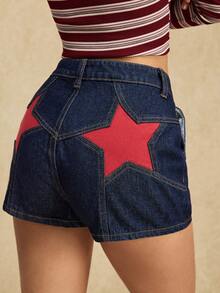Easelle Quần short denim nữ kiểu dáng vintage thường ngày, phối họa tiết ngôi sao đỏ, có túi, thích hợp mặc đi biển mùa hè. - Màu xanh lam - Xem 1