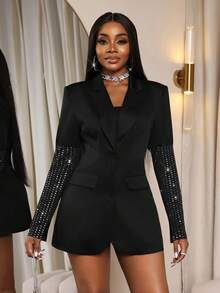 Xyvia Women's Elegant Party & Daily Wear Black Long Sleeve Blazer Jacket, Fashionable Commuter Style With Sequin Patchwork Design, High-End - Black - View 3