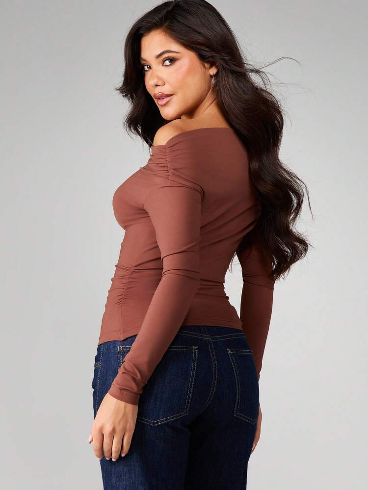 MISSGUIDED Women Off Shoulder Long Sleeve Ruched Top Fitted Bodycon Blouse Fall Winter Casual Elegant