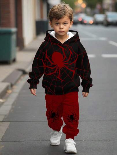 SHEIN 2pcs/Set Young Boys Loose Casual Cartoon Spider Graphic Pullover Hoodie Sweatshirt, Comfortable & Stylish, Suitable For Autumn/Winter