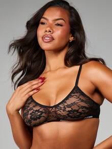 Missguided x Playboy Floral Lace Bralette And Cheeky Panty Set With Elastic Waistband Lingerie Collection Intimate Apparel - Black - View 5