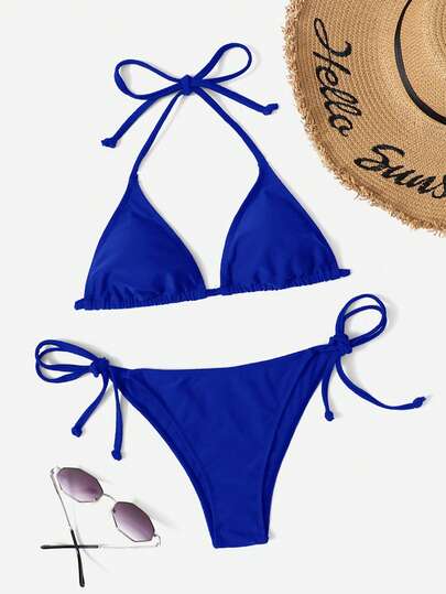 Swim Vcay Solid Color Halter Tie Front Bikini Swimsuit, Suitable For Summer Beach