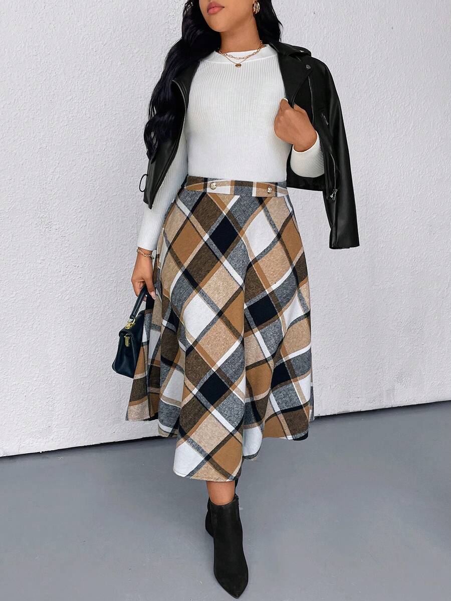 SHEIN Plus Size Women Autumn/Winter A-Line Mid-Length Skirt, Earthy Tone Brushed-Like Metallic Button Plaid Pattern - Brown - View 1