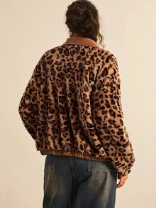 SHEIN VCAY 大码休闲豹纹仿毛皮外套，秋冬季豹纹外套，猎豹纹外套，保暖舒适蓬松休闲外套，适合外出穿着，秋季感恩节新年冬季皆宜