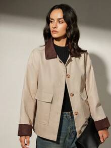 Aveloria Modichic 女士秋冬新款仿麂皮拼接撞色口袋装饰夹克，优雅休闲通勤风 - 卡其色 - 查看 1